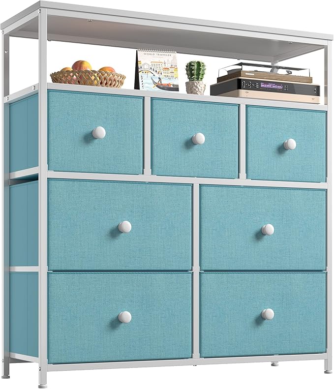 EnHomee Dresser for Bedroom with 7 Drawers and 2 Shelves，Tv Stand for Bedroom，Green Small Dresser for Closet，Hallway，Entryway，Dormitory，Clothing Storage