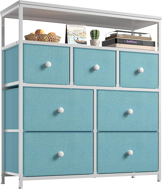 EnHomee Dresser for Bedroom with 7 Drawers and 2 Shelves，Tv Stand for Bedroom，Green Small Dresser for Closet，Hallway，Entryway，Dormitory，Clothing Storage