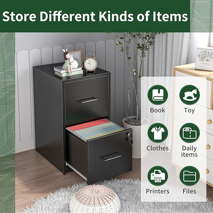 File Cabinet, Vertical File Cabinets with Lock for Home Office,Heavy Duty Office Steel Filing Cabinet for Hanging Letters/Legal/A4, Assembly Required (Black, 2 Drawers-Small)