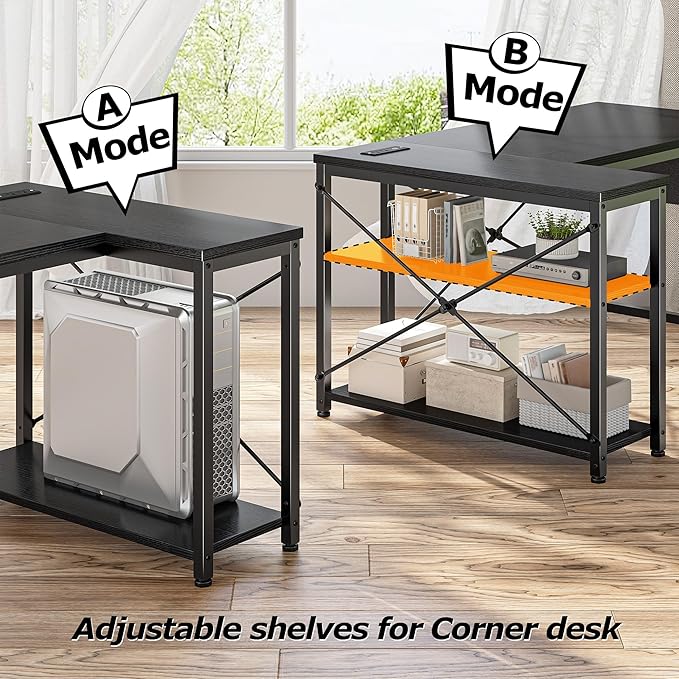 EnHomee 48 Inch L Shaped Gaming Desk, Computer Desk with Storage Shelves & Side Bag, Office Desk with Power Outlets, Small Corner Desk for Small Space Home Office Bedroom, Study Writing Table, Black