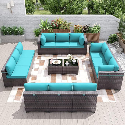 Kurapika 14 Pieces Patio Furniture Set, Rattan Wicker Outdoor Conversation Sets w/4 Inch Cushion and Glass Coffee Table(Blue)