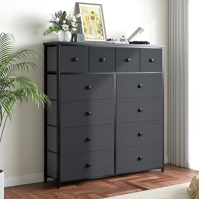 Dresser for Bedroom with 12 Drawers Tall Dressers for Bedroom Fabric Dressers & Chest of Drawers with Sturdy Metal Frame, Wood Top, for Woman, Closet, 40.6" W x 11.8" D x 44.5" H (Dark Grey)