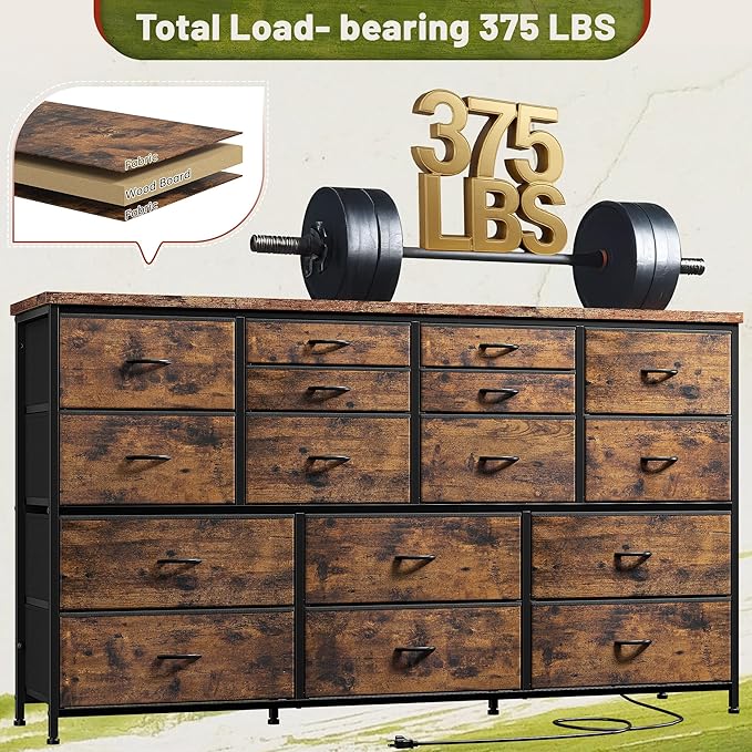EnHomee Dressser for Bedroom Dresser with 16 Drawers TV Stand for Bedroom for 60" TV Long Dressers & Chests of Drawers Large Dresser with Charging Station, 51.5" W*11.7" D*34.6" H, Rustic Brown