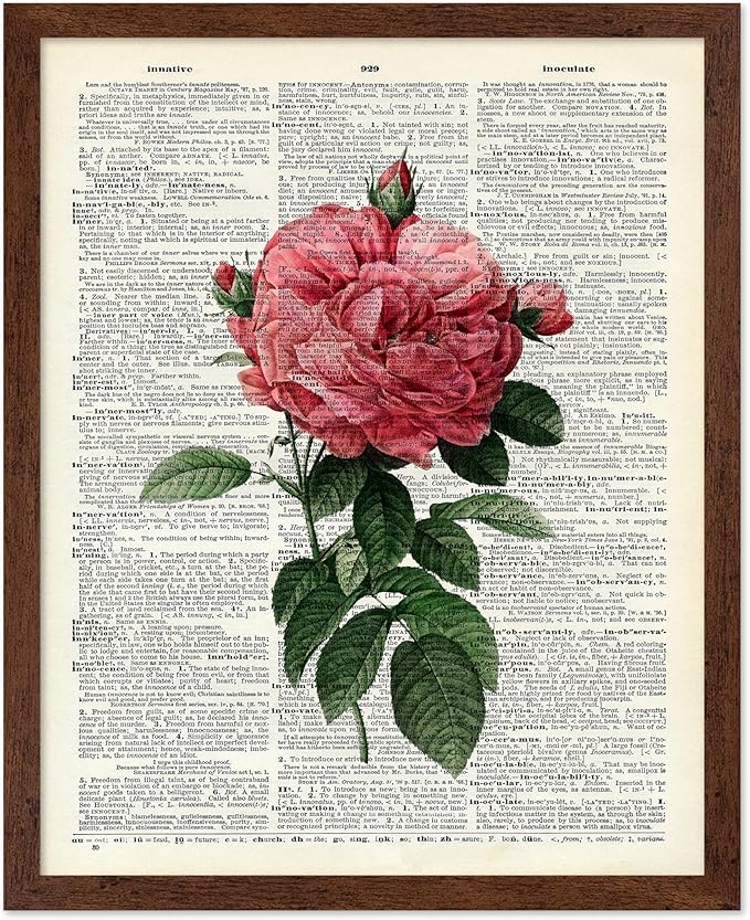 Poster Master Dictionary Art Poster - Pink Roses Print - Flower Art - Floral Art - Gift for Him, Her & Florist - Minimal Decor for Living Room, Bedroom, Dorm or Flower Shop, 11x14 Brown Framed