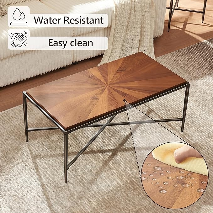EDYO LIVING Mid Century Modern Coffee Table with Cross Metal Legs, 41.3” Wooden Single Tier Coffee Table, Retro Accent Sofa Center Table for Living Room, Home Office, Brown