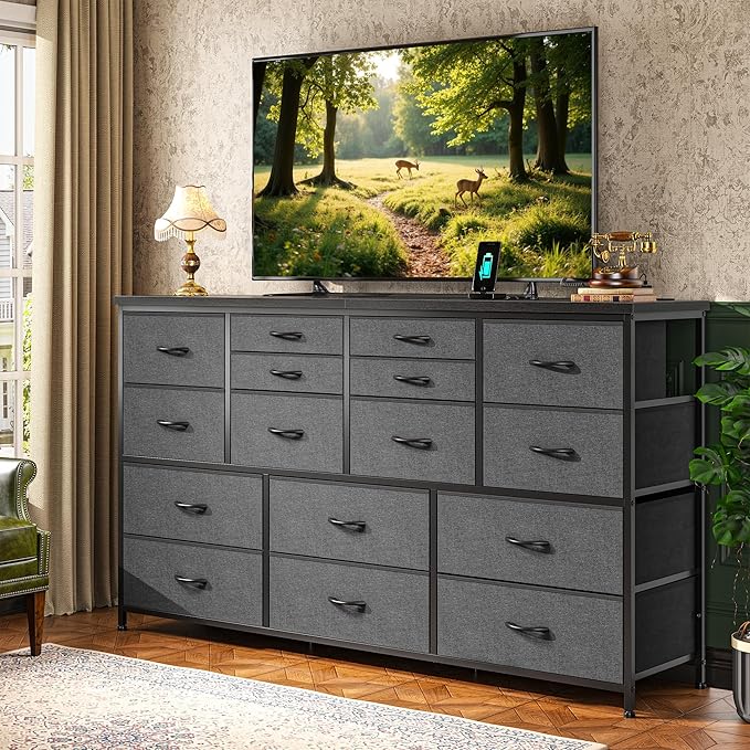 Dresser for Bedroom with 16 Fabric Drawers Long Dresser with Charging Station TV Stand for 60" TV Dressers & Chest of Drawers for Bedroom, Living Room, Closet, Grey