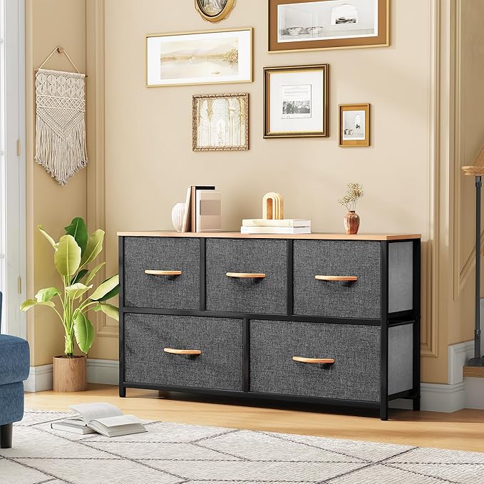 DWVO Dresser for Bedroom with 5 Drawers - Fabric Storage Tower, Long Fabric Dresser, Organizer Unit for Bedroom, Closet, Hallway