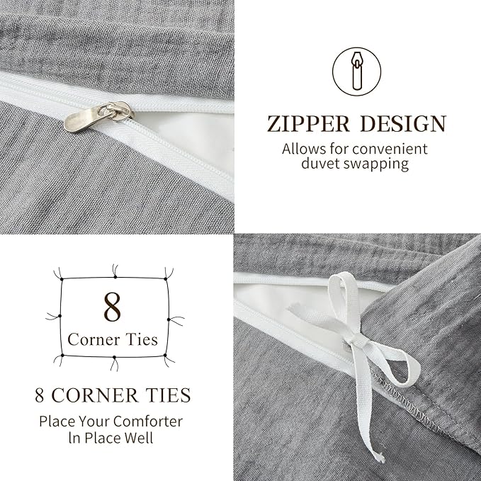 MEISHANG Muslin Duvet Cover Queen Size - 100% Organic Cotton, Soft Textured Gauze Weave Comforter Cover for Breathable All-Season with Zipper Closure - 3 Piece Set (Queen, Dark Grey)