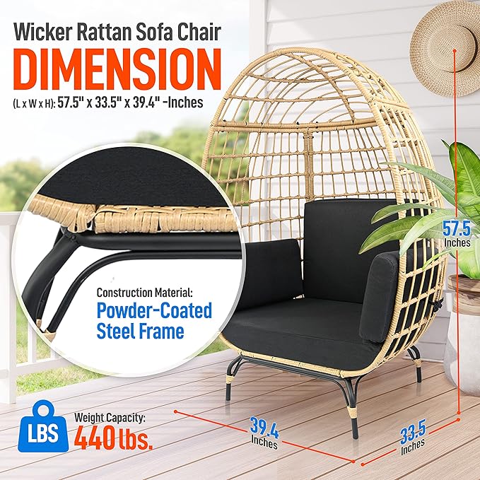 SereneLife Indoor/Outdoor Wicker Rattan Egg Chair with Cushions, Patio Hanging Egg Chair with Steel Frame, Washable Pillows, for Porch, Deck, Garden or Bedroom, 440 lbs. Capacity