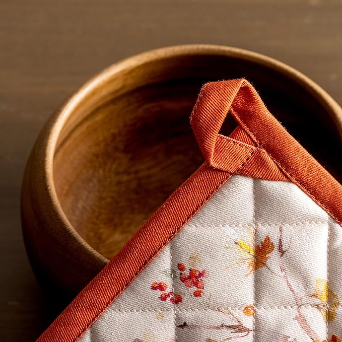 Maison d' Hermine Pot Holders 100% Cotton Heat Resistant Potholders 8" x 8" Hot Pads with Loop for Thanksgiving Christmas Decorations BBQ Cooking Baking Handling Hot Pans (Pack of 1, Kelim - Prairie)