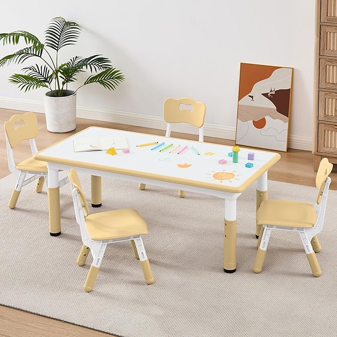 Adjustable Kids Table Chairs Set – Graffiti Desktop, Multi-Activity Height-Adjustable Toddler Study Desk for Ages 3-8 – Ideal for Home, Classroom, Daycare (B-Brown, 4 Chairs-47.2" L x 23.6" W)