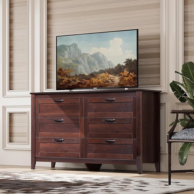 WLIVE Wood Dresser for Bedroom, Double 6 Drawer Dresser with Metal Handle, Large Wooden Chest of Drawers for Living Room, Hallway, Closet, Rustic Brown