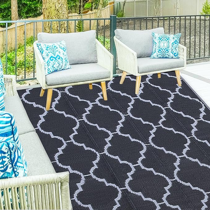 Ogrmar 8x10 FT Reversible Mats, Outdoor Rug for Patio Clearance, Waterproof Carpet, Plastic Straw Rug for Indoor Outdoor, Floor Mat&Rug for RV Porch Camping Backyard Deck Balcony Beach Trailer (Black)