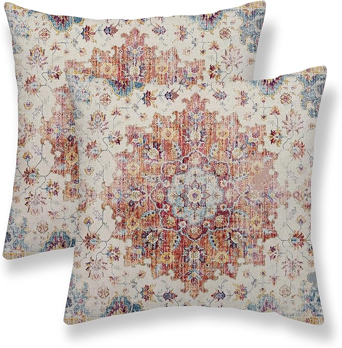 Boho Pillow Covers 18x18 Set of 2, Blue Orange Bohemian Carpet Pattern Outdoor Decorative Throw Pillows Linen Ethnic Design Vintage Farmhouse Cushion Cases for Couch Sofa Decor