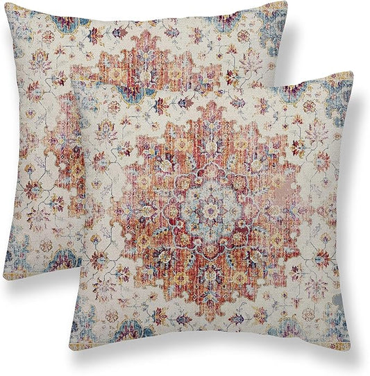 Boho Pillow Covers 18x18 Set of 2, Blue Orange Bohemian Carpet Pattern Outdoor Decorative Throw Pillows Linen Ethnic Design Vintage Farmhouse Cushion Cases for Couch Sofa Decor