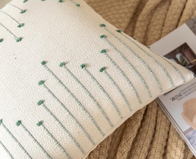 Caflife Boho Throw Pillow Covers 18x18 Set of 2 Decorative Pillows for Bed, Neutral Pillow Covers Beige with Green Line Throw Pillows for Modern Farmhouse Couch Sofa Living Room Outdoor