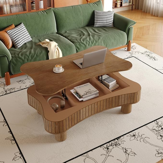 42.5'' Modern Lift Top Coffee Table for Living Room, Solid Wood Center Table, Fluted Panel Design, Storage Compartments, 42.5x27.2 Inch Surface, Hydraulic Lift Mechanism, Easy Assembly (Walnut)