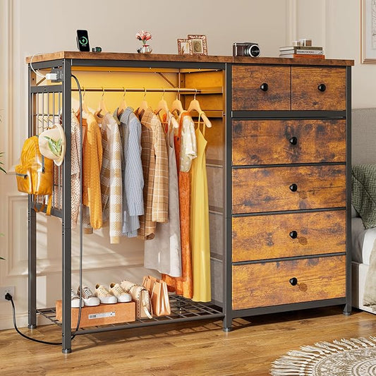 EnHomee 49.2" W Dresser with Hanging Rack & 6 Fabric Drawers – Wooden Top Storage Unit Featuring LED Lights, Charging Station & Grid Panel for Bedroom or Closet, Rustic Brown