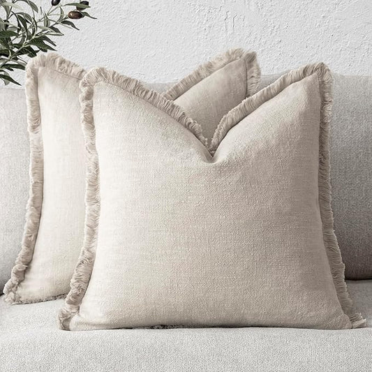 Foindtower Set of 2 Decorative Linen Fringe Throw Pillow Covers Cozy Boho Farmhouse Cushion Cover with Tassels Soft Accent Pillowcase for Couch Sofa Bed Living Room Home Decor, 24×24 Inch, Beige
