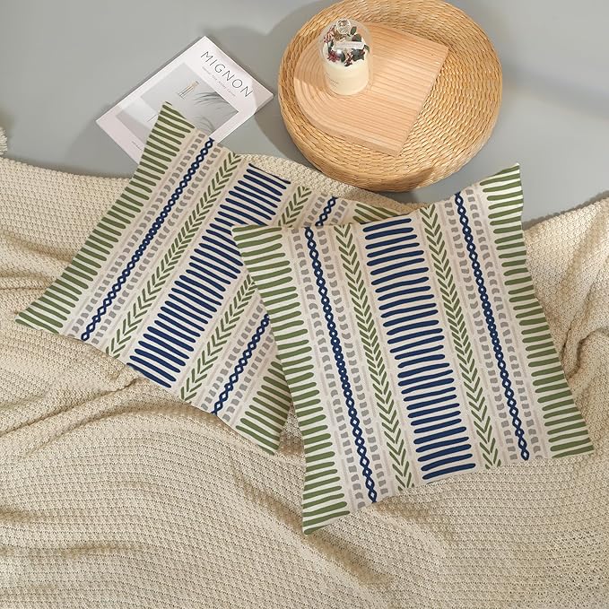 Boho Pillow Covers 20x20 Inch Set of Blue Sage Green Stripes Throw Pillow Covers Outdoor Decoration, Abstract Modern Bohemian Farmhouse Linen Decorative Cushion Cover for Home Decor Sofa Couch