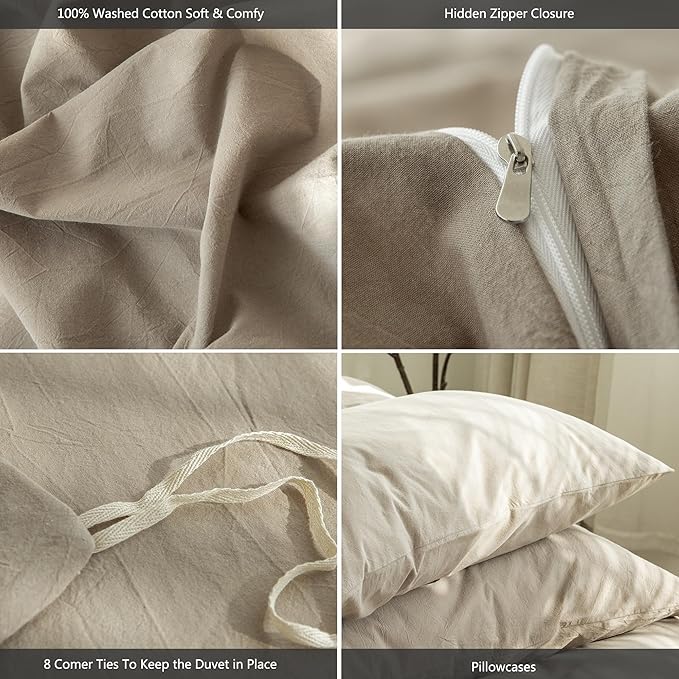 MooMee Bedding Duvet Cover Set 100% Washed Cotton Linen Like Textured Breathable Durable Soft Comfy (Solid Light Camel, Palatial King/Oversized King 120"x98")