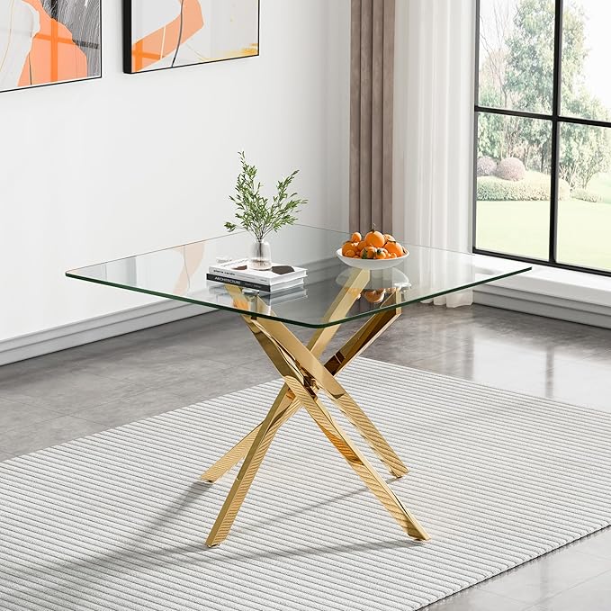 Goujxcy 5 Piece Glass Dining Table Set Modern Small Glass Dining Table Set for 4, 35.43" Square Kitchen Table and 4 Velvet Upholstered Chairs for Kitchen Dining Room, Gold & Grey