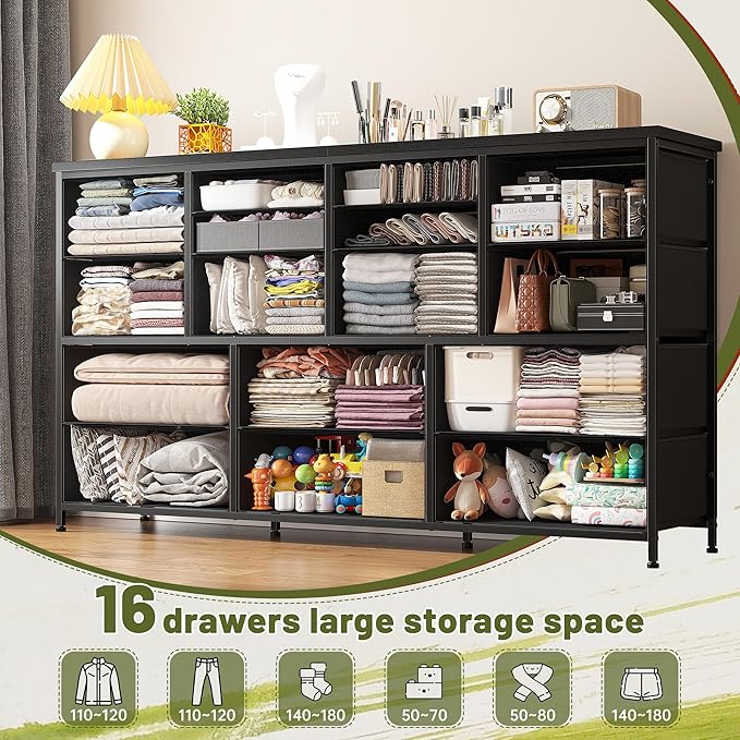 EnHomee Dressser for Bedroom Dresser with 16 Drawers TV Stand for Bedroom for 60" TV Long Dressers & Chests of Drawers Large Dresser with Charging Station, 51.5" W*11.7" D*34.6" H, Charcoal Black