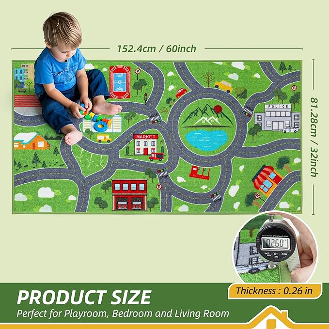 BEQHAUSE Kids Play Mat 2pcs, Green City Traffic Road Kids Room Rug Great for Playing with Cars, 32”x60” Play Area Rug Car Rugs for Children's Bedroom, Toddler Classroom and Baby Playroom