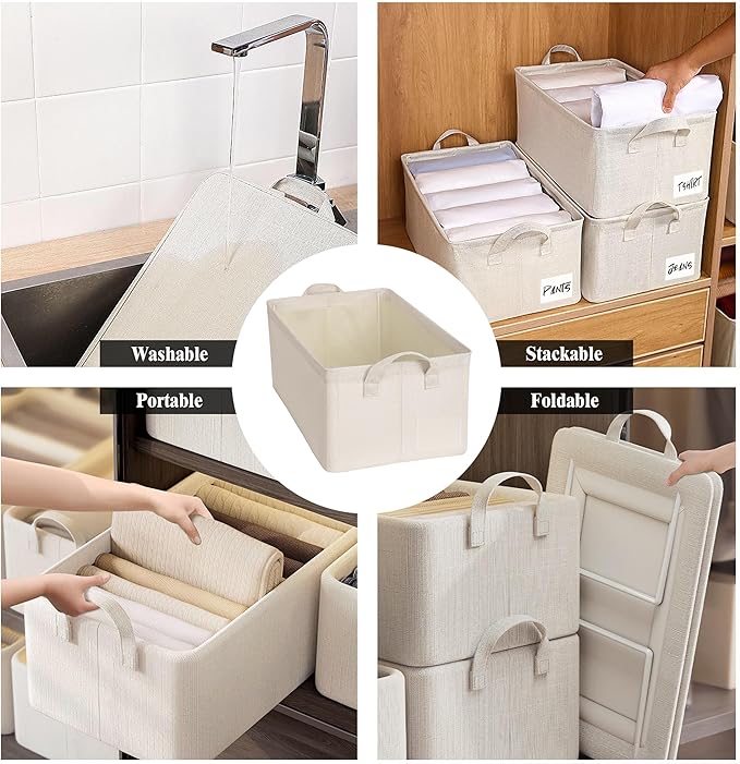 AARAINBOW 4 Pcs Closet Clothes Organizer with Handle, Fabric Storage Box with Steel Frame Stackable Shelf Storage Baskets Foldable Fabric Storage Baskets for Organizing Clothes Toys, 23L (B 4 White)