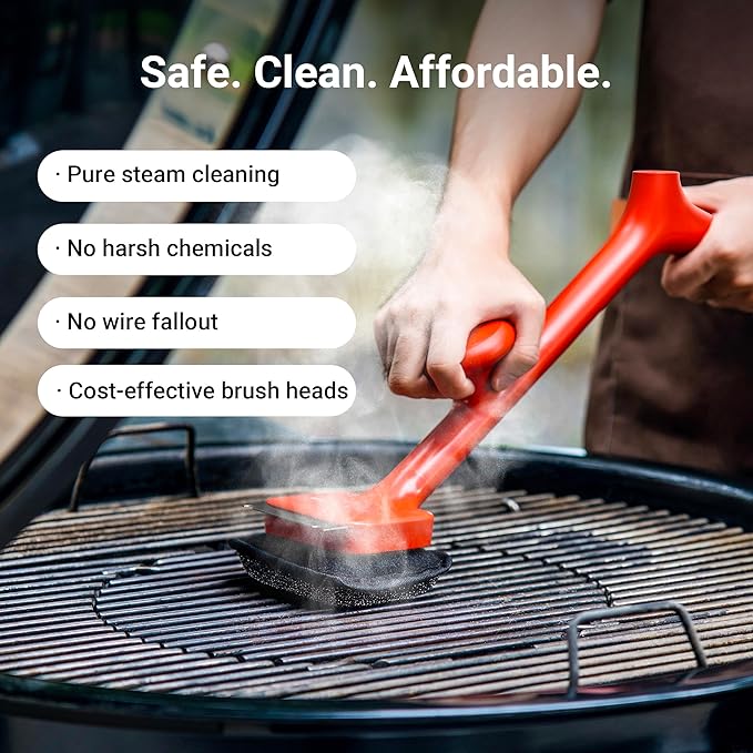 BBQ Grill Brush Bristle Free - 17" Safe Steam Grill Cleaner Brush with Scraper and 5 Brush Heads for Porcelain/Gas/Charcoal Grill Outdoor Grill Barbecue Cleaner