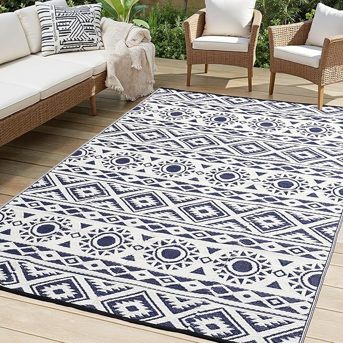 Outdoor Rug Waterproof 5x8 ft, Reversible Outdoor Plastic Straw Rug Patio Rug, RV Rugs for Outside, Outdoor Carpet for Patio Camping Deck Balcony Backyard, Blue & White