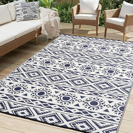 Outdoor Rug Waterproof 5x8 ft, Reversible Outdoor Plastic Straw Rug Patio Rug, RV Rugs for Outside, Outdoor Carpet for Patio Camping Deck Balcony Backyard, Blue & White