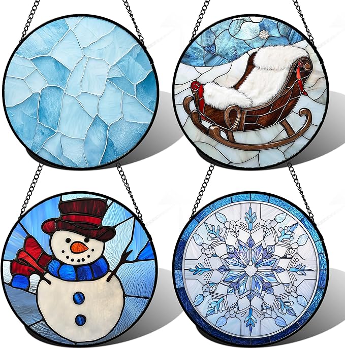 Stained Glass Window Hanging 4 Pcs Set Blue White Christmas Snowman Snowflake Large 15" - Suncatcher Door Garden Sun Catcher Decor Birthday Mother's Day Xmas Gifts for Mom Woman Nana Men