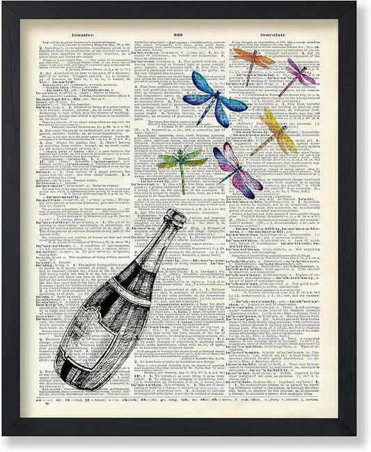 Poster Master Dictionary Art Poster - Champagne Bottle Print - Dragonfly Art - Alcohol Art - Gift for Men, Women & Bartender - Great Decor for Bar, Kitchen or Restaurant, 24x32 Unframed Wall Art