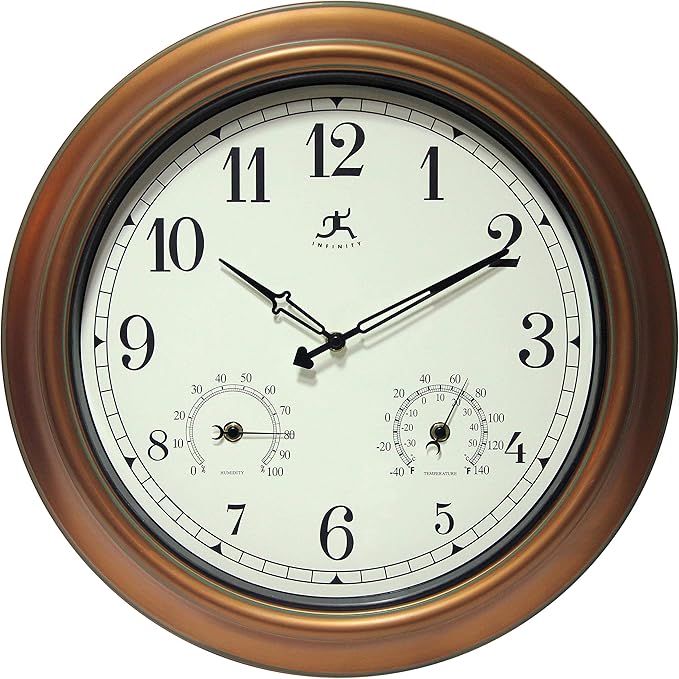 Infinity Instruments Craftsman 18 inch Copper Petina Outdoor Clock Thermometer Combo Patio Waterproof Large Wall Weather Station Weatherproof Decorative Outdoor Wall Clock Thermometer Hygrometer