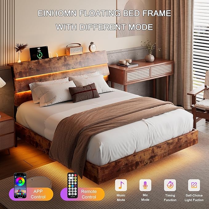 Floating Bed Frame Full Size with Led Headboard and Charging Station, Metal Platform Bed Base with Storage, Remote Control, Heavy Slats Support, No Box Spring Needed, Noise Free, Vintage Brown