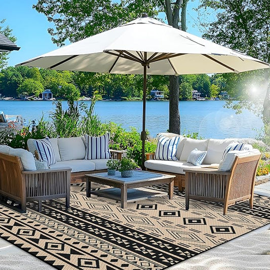 Wallona Outdoor Rugs 5x8 ft Patio Waterproof Clearance Indoor Outdoor Carpet for Patio Plastic Straw Reversible Area Rugs Mat for RV, Camping, Balcony, Beach, Picnic, Porch, Boho Black & Beige