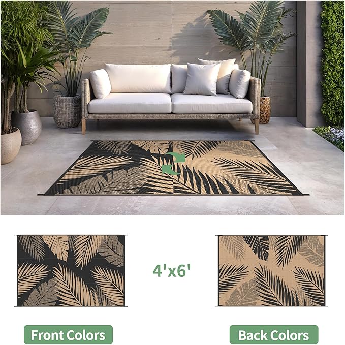Outdoor Rug 4’x6’ Waterproof for Patio Clearance, Reversible Indoor Outdoor Plastic Straw Camping Rug Carpet, RV Mat, Large Area Rug for Deck, Backyard, Balcony, Porch, Beach, Black & Brown