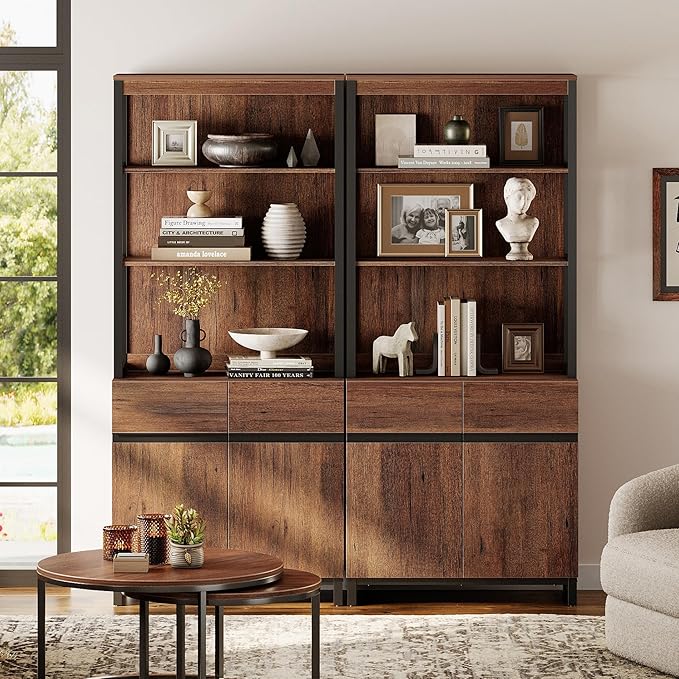 WAMPAT 2 PCS Modern 72" Tall Bookcases with Metal Base and Adjustable Shelves, Library Book Shelf with Storage Cabinet and Open Book Shelfs, Wood Bookshelves for Home Office, Living Room, Brown