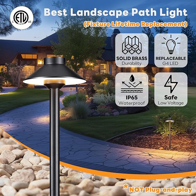 Brass Low Voltage Pathway Lights - 12V LED Landscape Path Lighting, Walkway Light Waterproof IP65, Hat Shaped Wired ‎Classic Black for Outdoor Entrance Garden G4 Bulb Not Included (6 Pack)