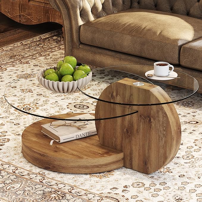 Glass Coffee Table, Modern Round Glass Coffee Table with Wooden Base, 3 Tier Round Coffee Table, Clear Cocktail Table with Storage for Living Room, Office, Balcony, Wood