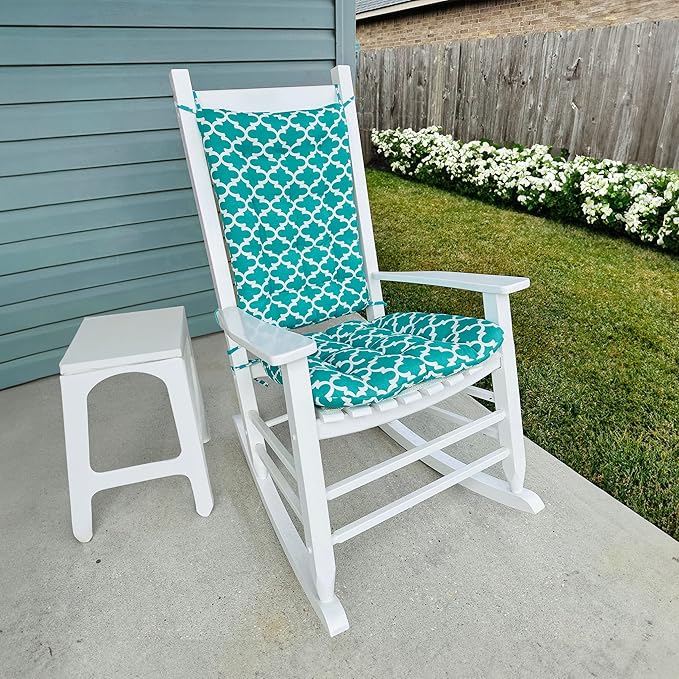 Fulton Aqua Porch Rocker Cushions - Small - Indoor-Outdoor: Fade Resistant, Weatherproof - Latex Foam Filled Rocking Chair Seat Cushion & Backrest Pad Set - Made in USA (Teal White Quatrefoil)