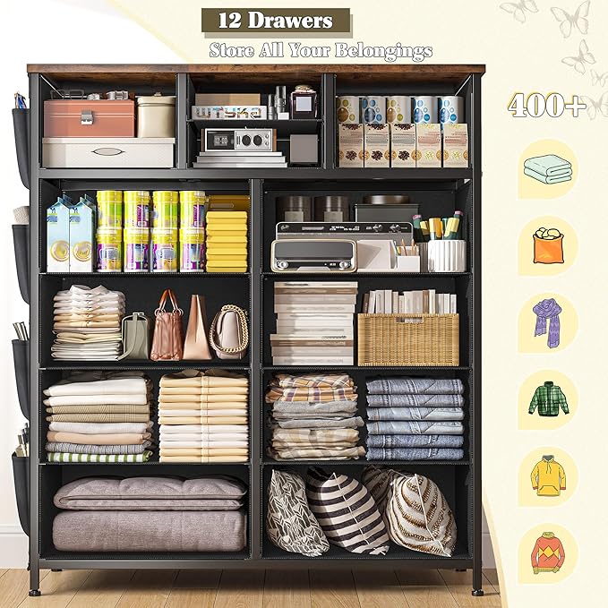 EnHomee Dresser for Bedroom with 12 Drawers, Tall Dressers & Chest of Drawers with Side Pockets, Fabric Dresser for Bedroom, Closet, Hallway, Living Room, Sturdy Metal Frame, Wood Top, Rustic Brown