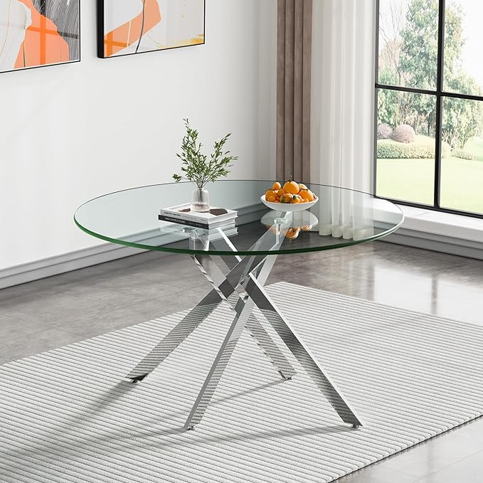 Goujxcy 5 Piece Round Glass Dining Table Set for 4, 47" Round Dining Table & Chair Set Modern Circle Glass Kitchen Table and 4 Velvet Upholstered Chairs for Kitchen Dining (Silver & Pueple Chair)