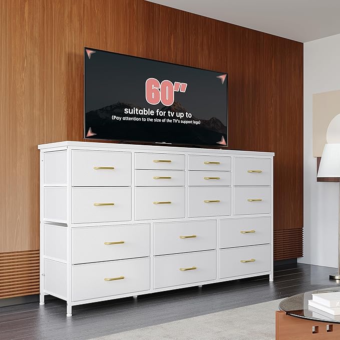 EnHomee Dressser for Bedroom Dresser with 16 Drawers TV Stand for Bedroom for 60" TV Long Dressers & Chests of Drawers Large Dresser with Charging Station, 51.5" W*11.7" D*34.6" H, White