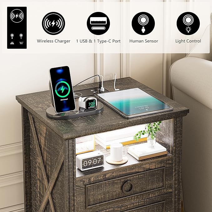 Nightstand with Charging Station,Farmhouse End Side Table with 3 Drawers and Open Storage,Smart Bedside Table with LED Light & Human Sensor, Brown