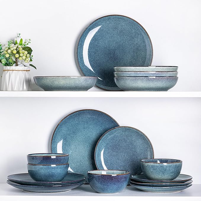 AmorArc Ceramic Dinnerware Sets for 4, 12 Pieces Handpainted Plates and Bowls Set, Scratch Resistant Stoneware Dishes Set, Dishwasher & Microwave Safe, Ceylon Blue