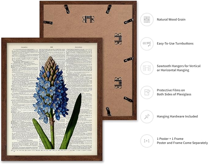 Poster Master Dictionary Art Poster - Blue Hyacinth Print - Flower Art - Floral Art - Gift for Men, Women & Florist - Minimal Decor for Bedroom, Office, Dorm or Flower Shop, 8x10 Brown Framed