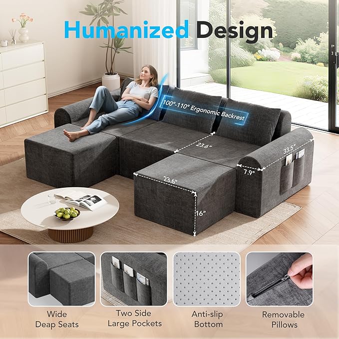 86.6” Cloud Boneless Sectional Sofa for Living Room, 3-Seater Modular Couch for Small Apartments with 2 Ottomans, Deep Seat Chenille Fabric Sofa, No Assembly Required, 72H Full Restore, Grey