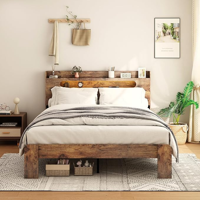 Wooden Queen Size Bed Frame with Storage Headboard, Farmhouse Platform Bedframe with Charging Station & Led Lights, Sturdy Wood Slat Framework, Easy Assembly (Rustic Brown Led)